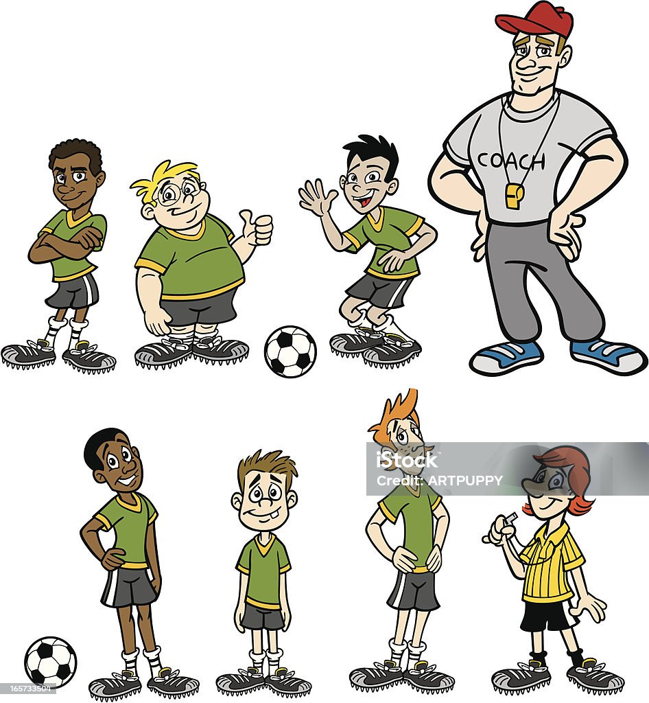 Bambini che giocano a calcio con Allenatore - arte vettoriale royalty-free di Calcio - Sport