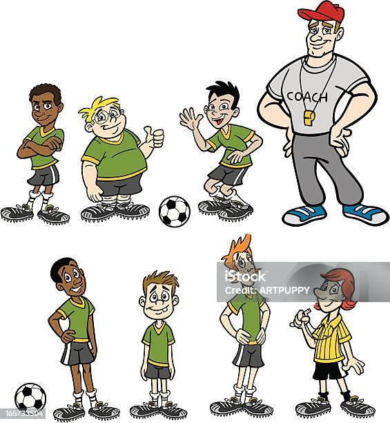 Piłka Nożna Dzieci Z Trenerem - Stockowe grafiki wektorowe i więcej obrazów Drużyna piłki nożnej - Drużyna piłki nożnej, Piłka nożna - Piłka, Piłka nożna - Sport drużynowy
