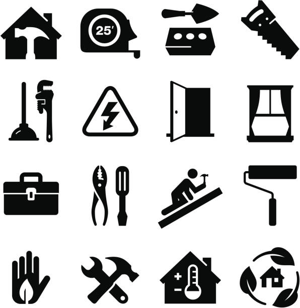 construction icons-schwarz-serie - home improvement hammer saw work tool stock-grafiken, -clipart, -cartoons und -symbole