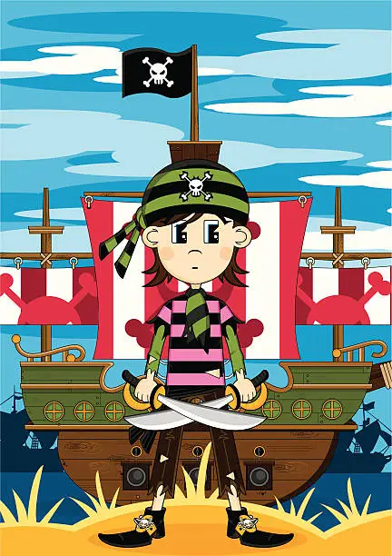 Vector illustration of Bandana Pirate Girl & Ship