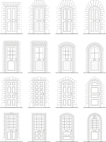 A collection of sixteen doors and their surrounds. This illustration is broken down into layers, the doors & surrounds are on seperate layers. There is also a fill layer that allows you to block in colors for all the separate illustrations.