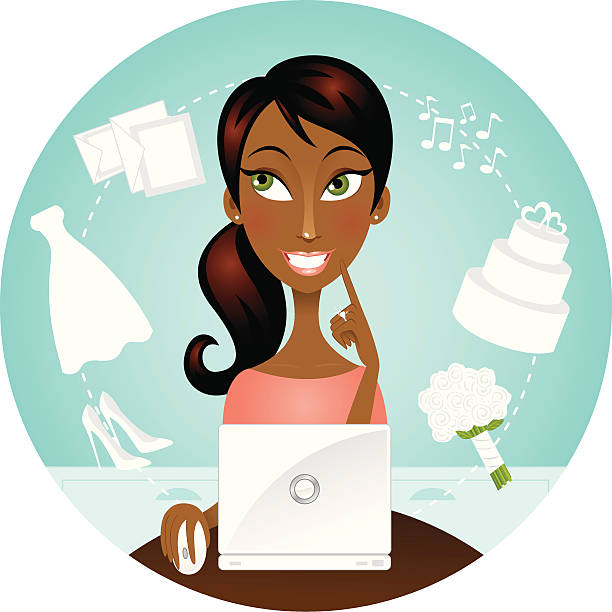 African American woman with laptop wedding planning vector art illustration