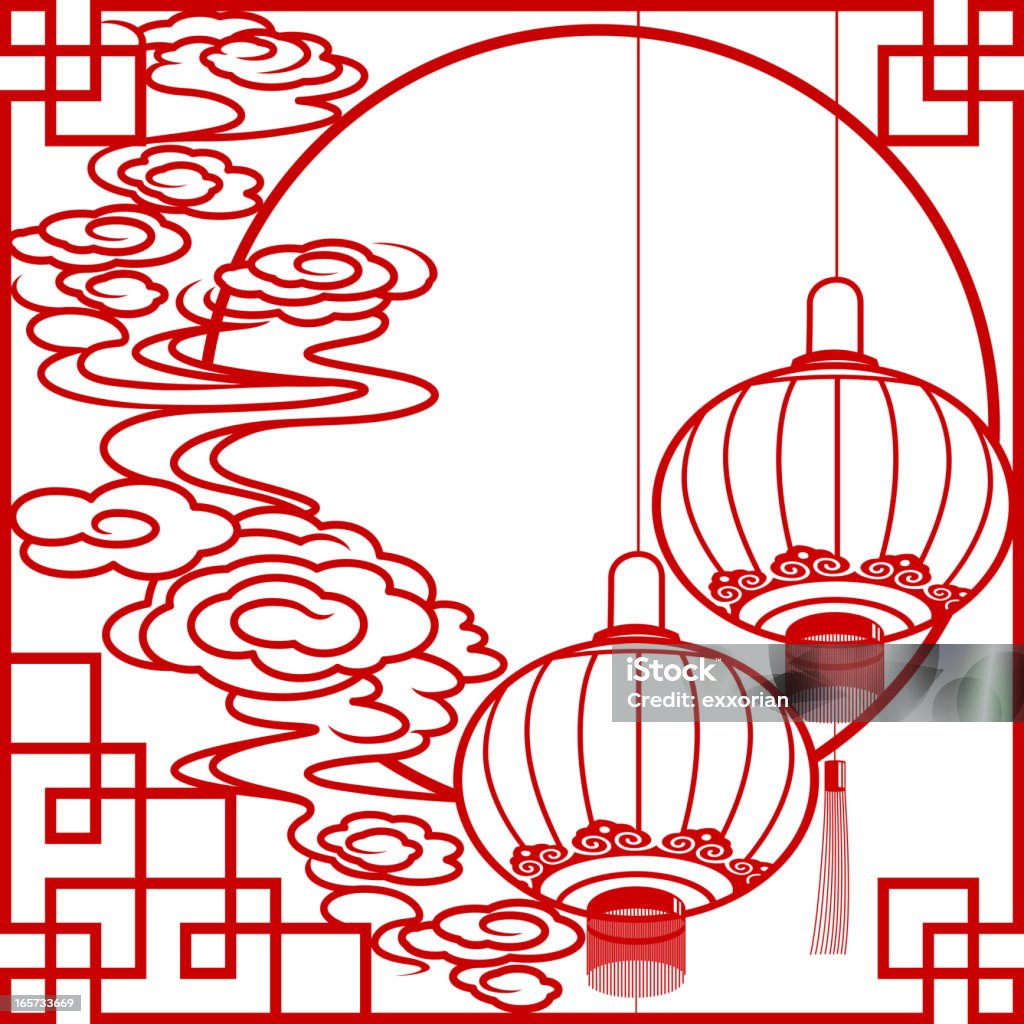 Lanternas chinesas e nuvens de papel cortado arte quadro - Vetor de Ano Novo chinês royalty-free