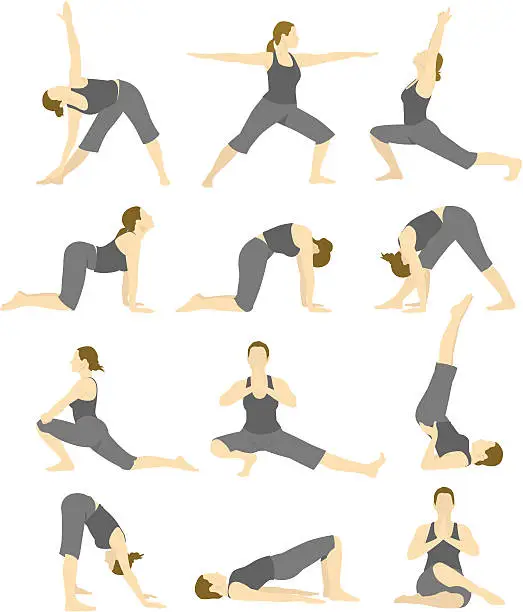 Vector illustration of A cartoon image of a woman doing different yoga poses