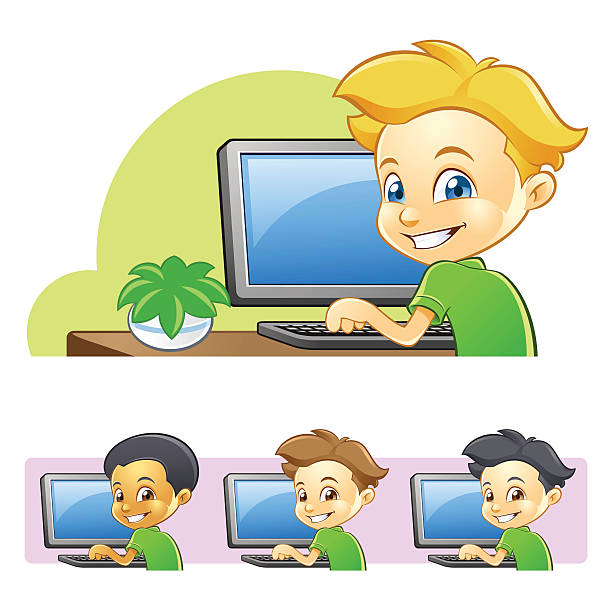 Bambino digitando sul Computer e navigare in Internet - illustrazione arte vettoriale