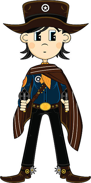 Cute Poncho Cowboy Vector Illustration of a Cute Wild West Cowboy Sheriff with Guns & Poncho. girl with cowboy hat stock illustrations
