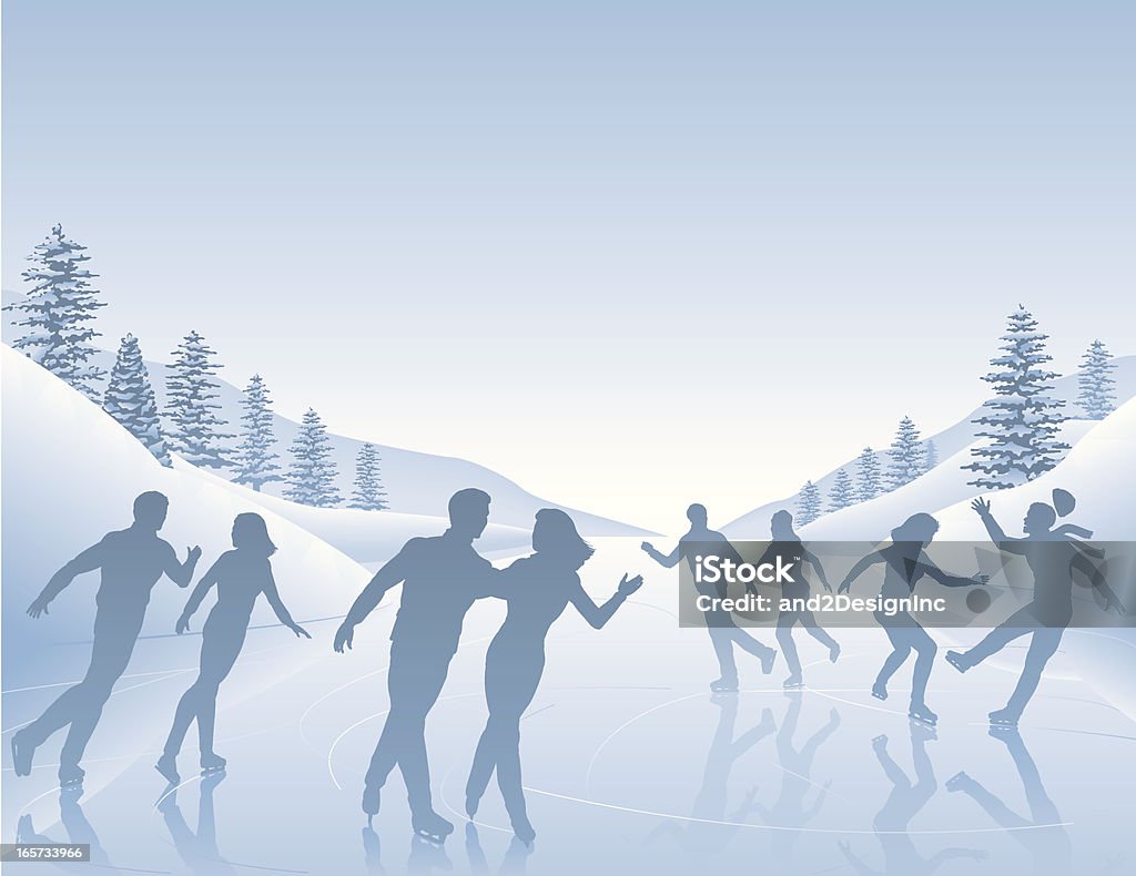 Skating scene Vector illustration of silhouetted skaters in a wintry setting. Ice-skating stock vector