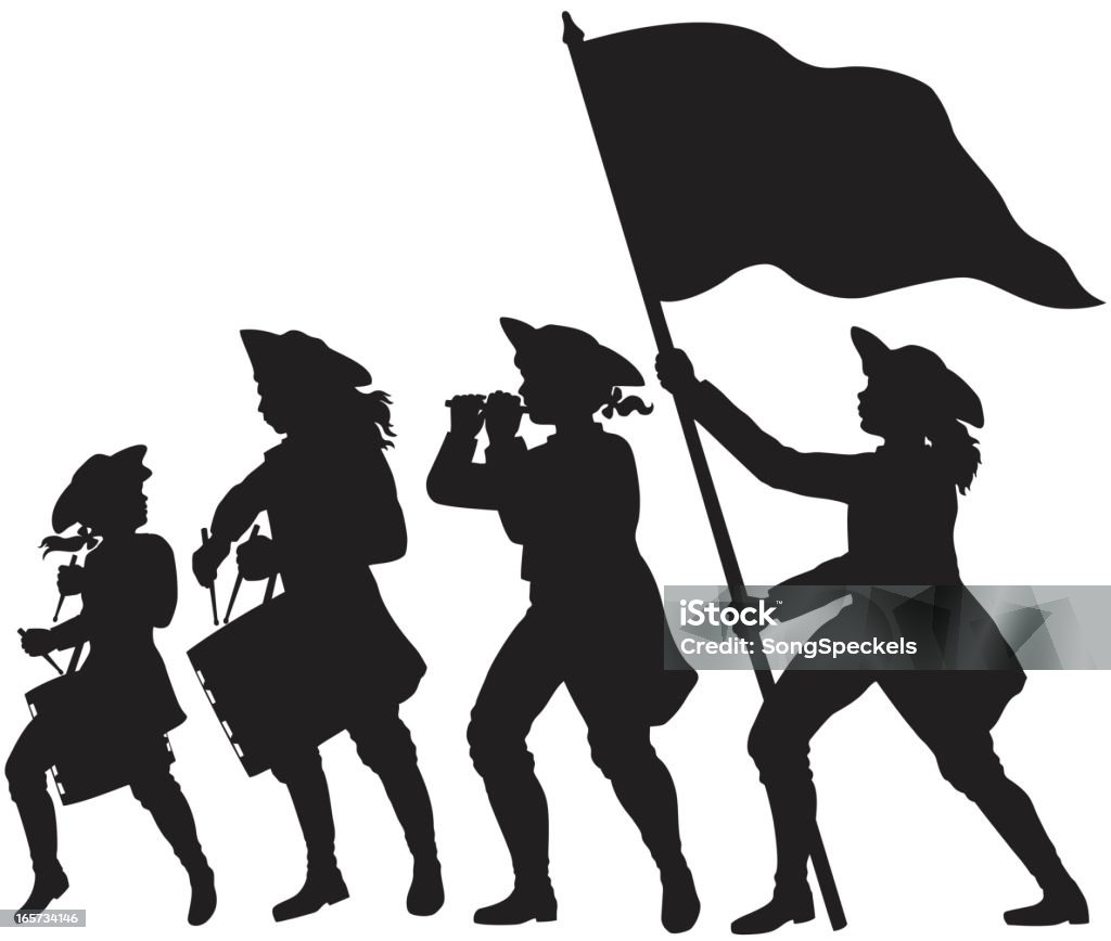 Fife, drums, and flag marching silhouettes Young men marching with fife, drums, and flag. Vector silhouettes. In Silhouette stock vector