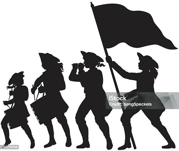 Fife Drums And Flag Marching Silhouettes Stock Illustration - Download Image Now - In Silhouette, American Revolution, Flag