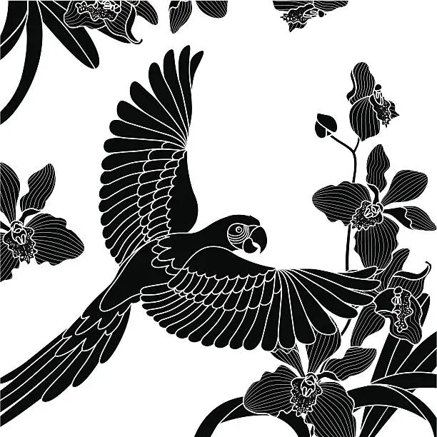 Vector illustration of flying parrot and orchids