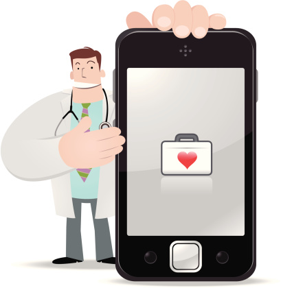 Vector illustration - Doctor holding a smartphone and showing medical box.