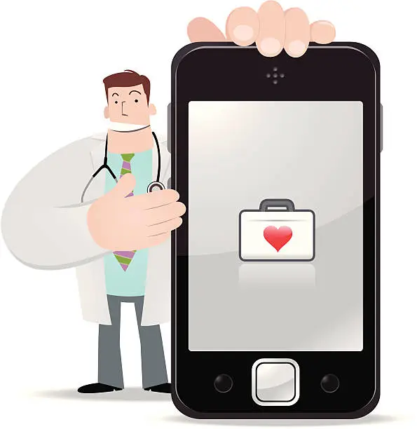 Vector illustration of Doctor holding a smartphone and showing medical box