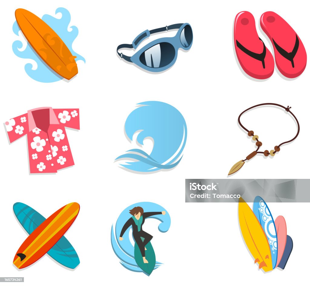 Surfer-icon-set-board Sonnenbrillen, flip-flop Hawaiihemd Surfen - Lizenzfrei Surfbrett Vektorgrafik