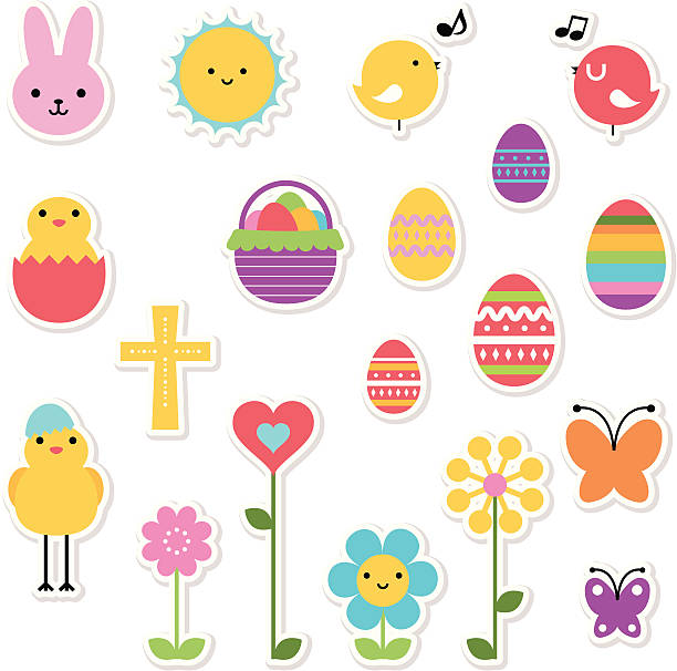 ilustrações, clipart, desenhos animados e ícones de páscoa ícone conjunto, elementos de design em colorido - easter basket eggs yellow