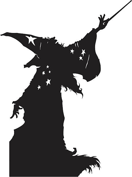 Wizard Hand drawn silhouette of wizard.  Styled to use in corner but can be modified. merlin the wizard stock illustrations