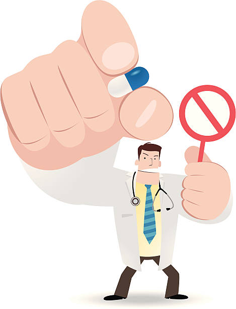 врач щипание с таблетка и держит знак запрета - flu virus hygiene doctor symbol stock illustrations