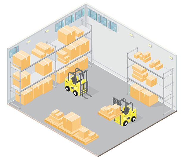 Isometric Warehouse An illustration of an isometric warehouse with storage boxes, crates and busy forklift trucks. warehouse clipart stock illustrations