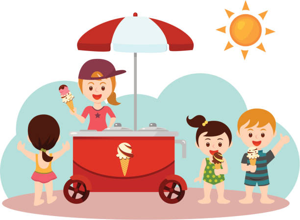 children on the beach with a ice cream stroller vector art illustration