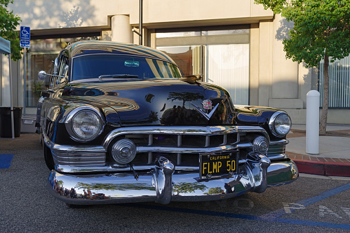 Glendale, California, United States: 1950s Cadillac Hearse shown parked during Cruise Night in the City of Glendale.