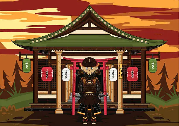 Vector illustration of Samurai Warrior at Ancient Temple