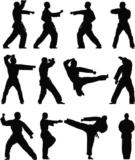 Taekwondo Silhouettes "Set of design elements - Martial Arts, Taekwondo Silhouettes." karate stock illustrations