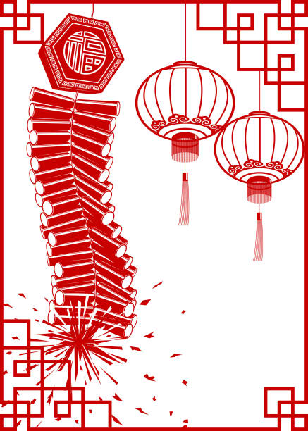 ilustraciones, imágenes clip art, dibujos animados e iconos de stock de linterna de papel de china firecracker con bastidor de corte de arte - paper lantern flash