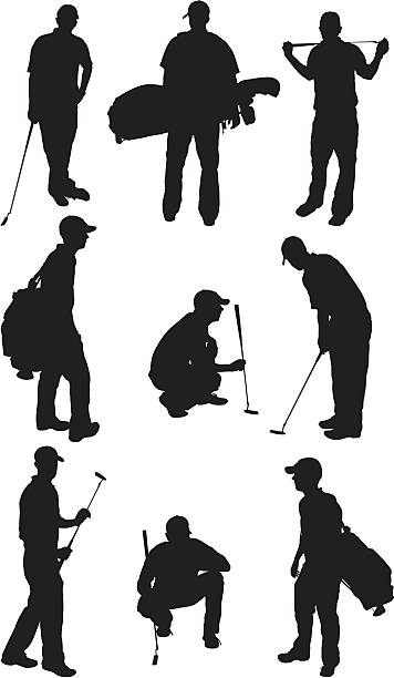 ilustraciones, imágenes clip art, dibujos animados e iconos de stock de los golfistas en acción - golf action silhouette balance