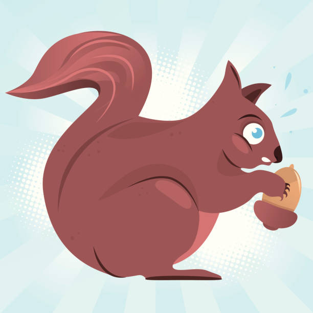Funny crazy squirrel with acorn Funny crazy squirrel with acorn. Retro halftone backround and funny expression. Side view. background of the crazy squirrel stock illustrations