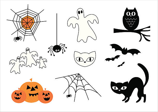 ilustraciones, imágenes clip art, dibujos animados e iconos de stock de conjunto de icono de halloween vector - linterna de halloween ilustraciones