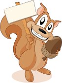 Fully editable vector illustration of a cartoon squirrel with an acorn holding a blank sign ready for you to input text of your choice.