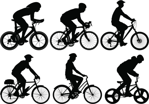 Vector illustration silhouettes of many different types of bikes with rider.