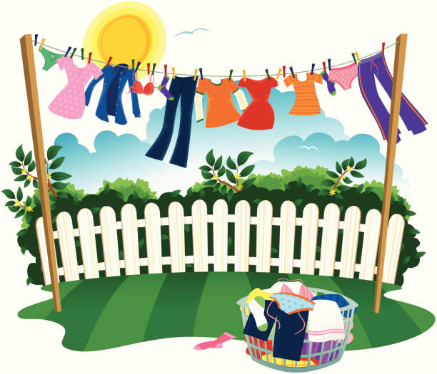 waschen und trocknen kleidung linie - laundry clothing clothesline hanging stock-grafiken, -clipart, -cartoons und -symbole