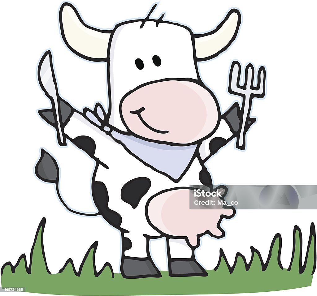 Comic/vegetarische Kuh mit Besteck auf einer Wiese - Lizenzfrei Auf den Hinterbeinen Vektorgrafik