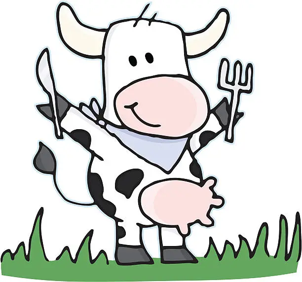 Vector illustration of cartoon / vegetarian cow with cutlery on a meadow