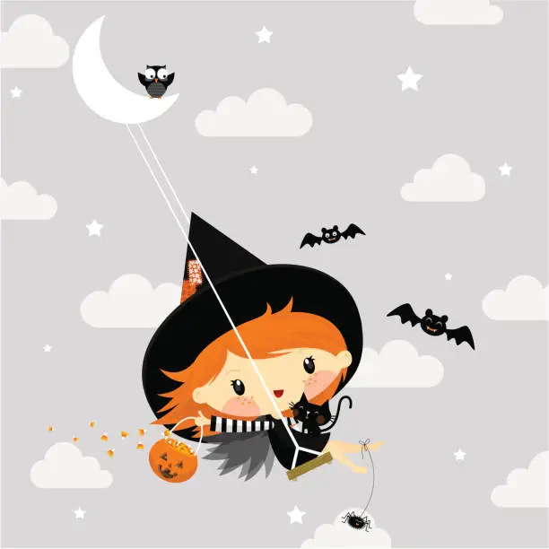 Vector illustration of Cute little witch in halloween illustration vector