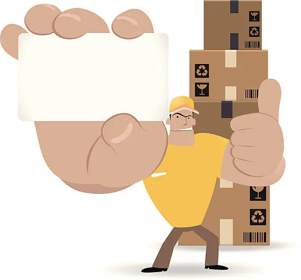 Vector illustration of Deliveryman showing a white message card and gesturing thumbs up