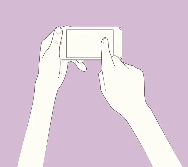 Vector illustration of Hands holding smartphone and touching the screen in outline version