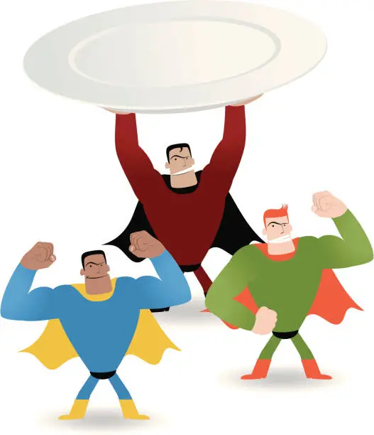 Vector illustration of Superhero holding plate showing power  ( Good food make you strong )