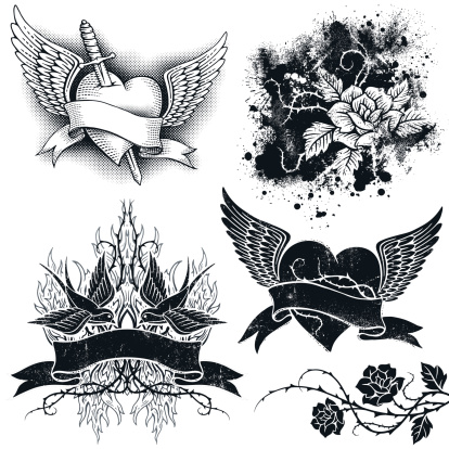 Set of tattoo and grunge elements.  All elements are separate, including texture layers.  Hi res jpeg included.