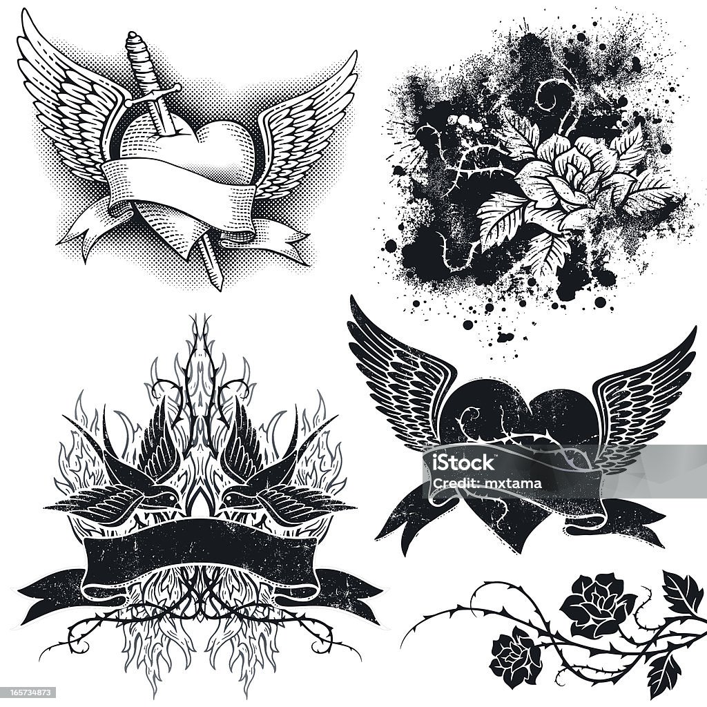 Tattoo Grunge Elements Set of tattoo and grunge elements.  All elements are separate, including texture layers.  Hi res jpeg included. Tattoo stock vector