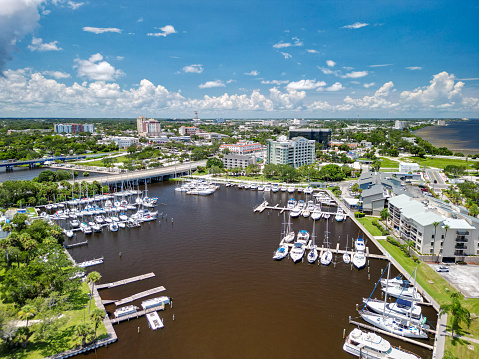 Aerial view of the yacht harbor and historic downtown Melbourne along Florida's Space Coast in Brevard County