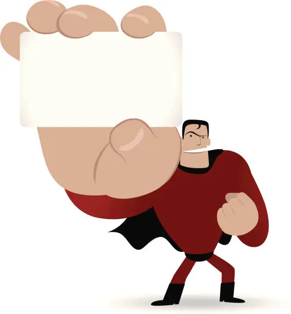 Vector illustration of Superhero holding a white message card