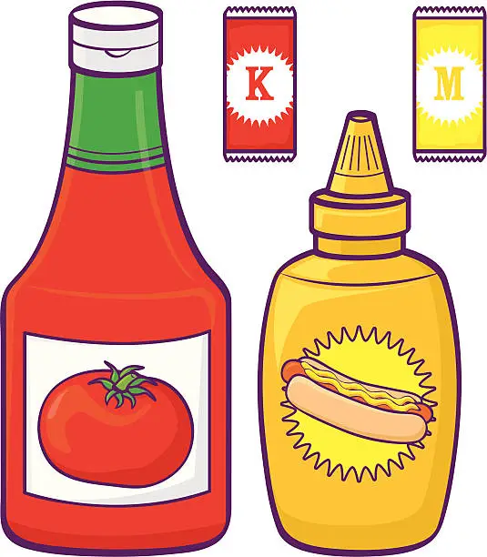 Vector illustration of Illustration of ketchup and mustard bottles and sachets