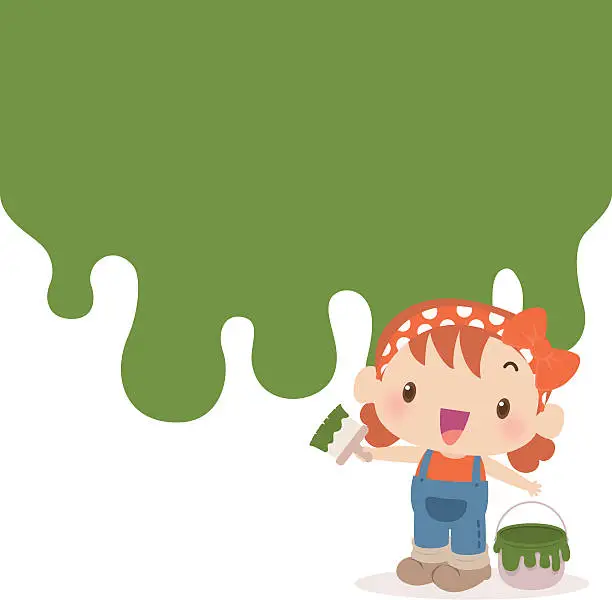Vector illustration of Cute girl painting wall green with a paint brush