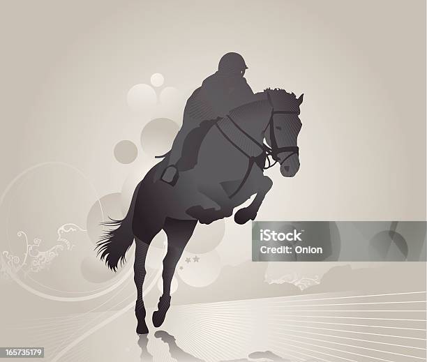 Grey Image Of A Jockey On A Jumping Horse On Abstract Land Stock Illustration - Download Image Now