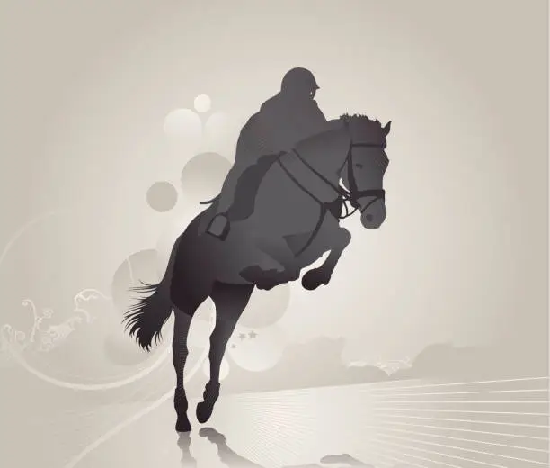 Vector illustration of Grey image of a jockey on a jumping horse on abstract land