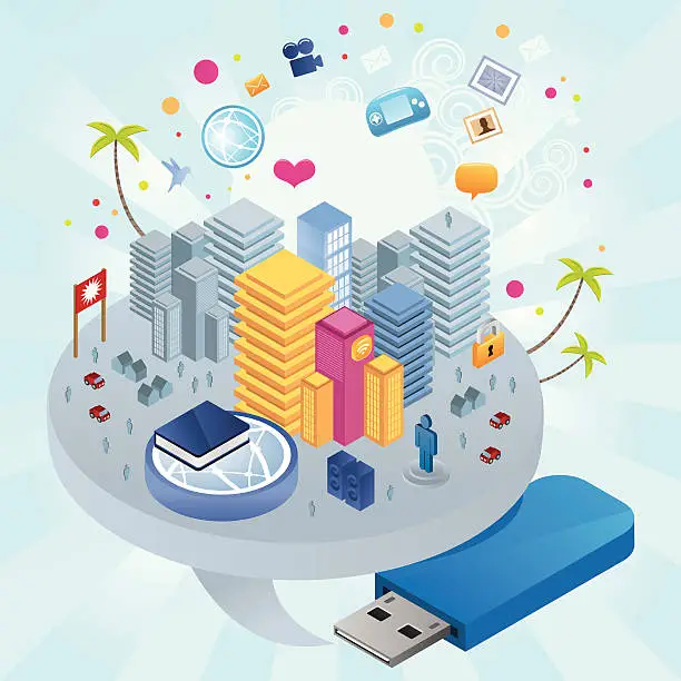 Vector illustration of Usb pen city with skyscrapers and icons