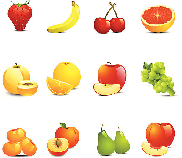 illustrazioni stock, clip art, cartoni animati e icone di tendenza di icone di frutta - peach fruit portion orange