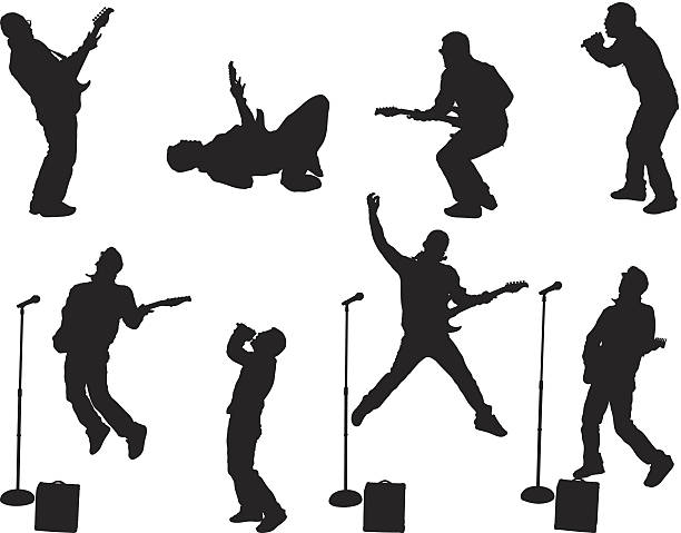 Singer and guitarists performing Singer and guitarists performinghttp://www.twodozendesign.info/i/1.png microphone stand stock illustrations