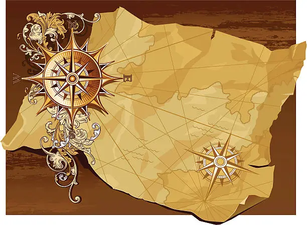 Vector illustration of Age-old compass and map